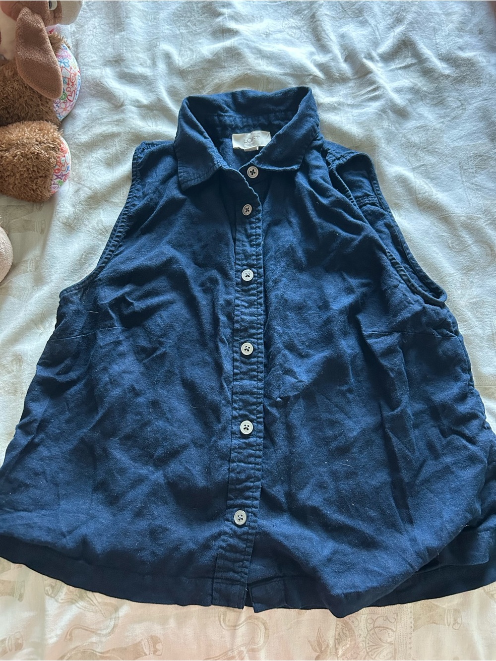 Loft Outlet Sleeveless Linen Navy Blue Button Up